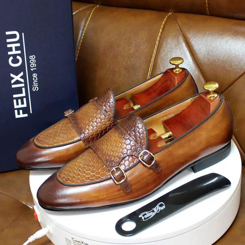 Monk Strap Shoe - Men's Genuine Leather Loafers Metal Buckle