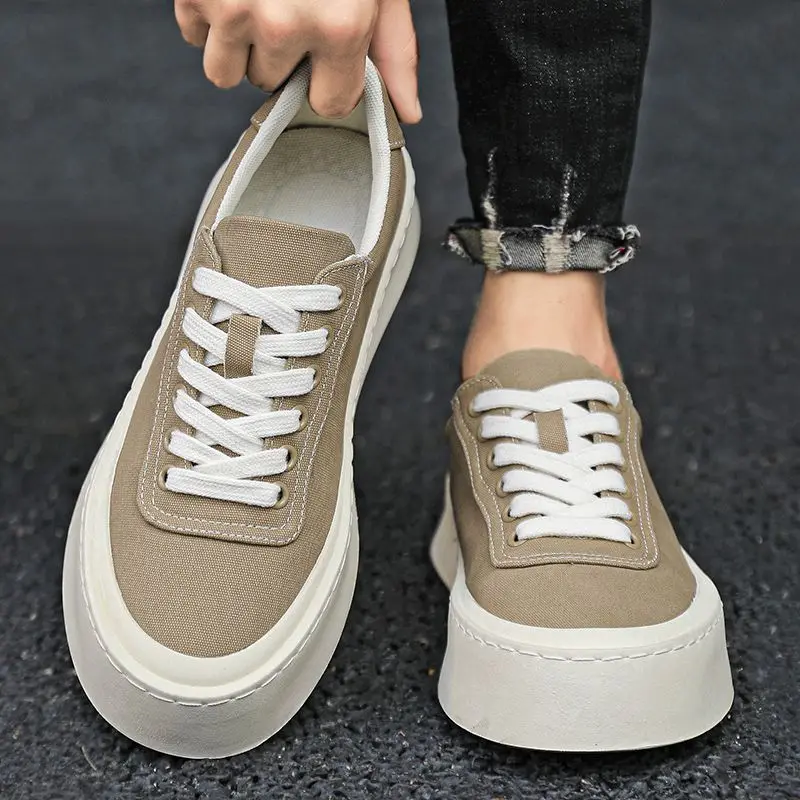 Men Shoes Offer - Khaki Flat Sneakers Canvas Height Increasing
